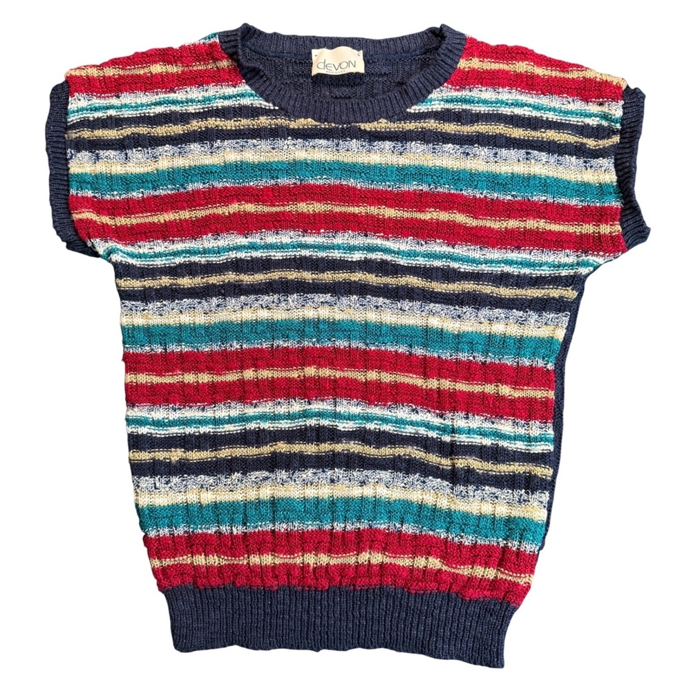 Devon Striped Knit Sweater Top Women Medium Short Sleeve Crew Neck Made USA